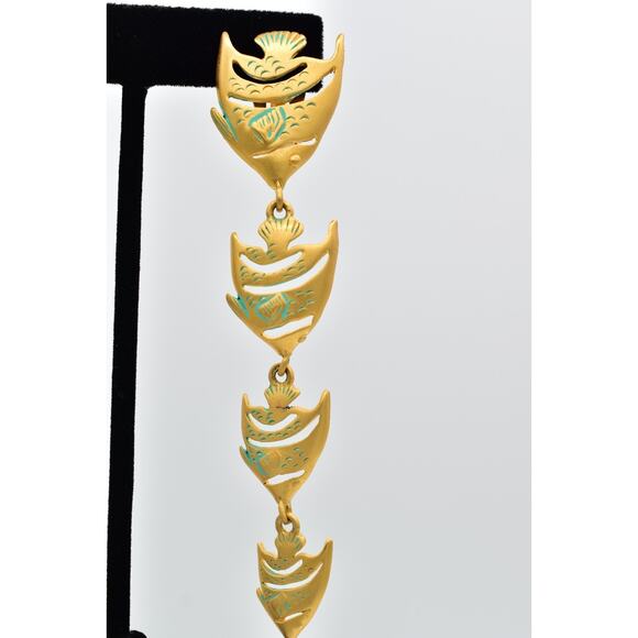 Givenchy Vintage Fish Clip On Earrings Brushed Gold Chunky Signed 1980s BinBF - Picture 7 of 12